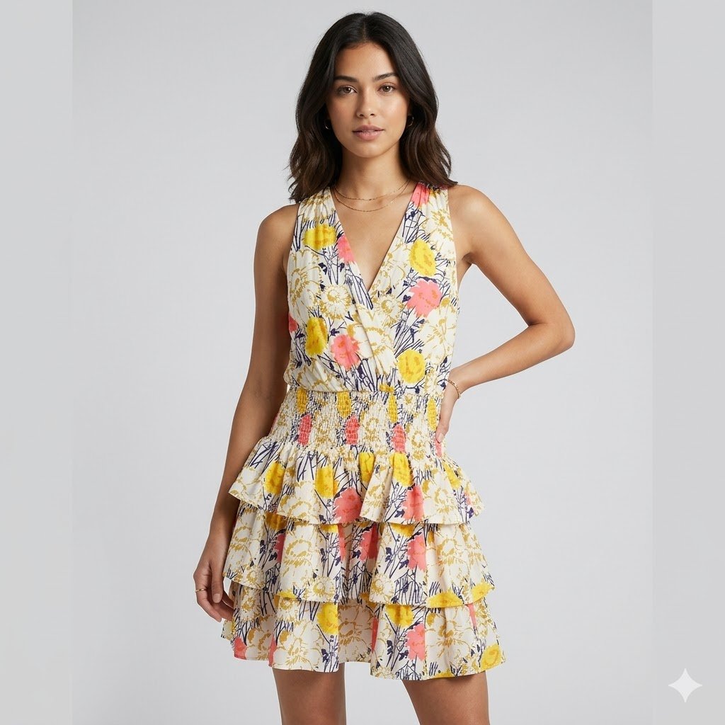 Bcbgmaxazria Size M Floral Tiered Ruffle Mini Dress Smocked Waist Nwt